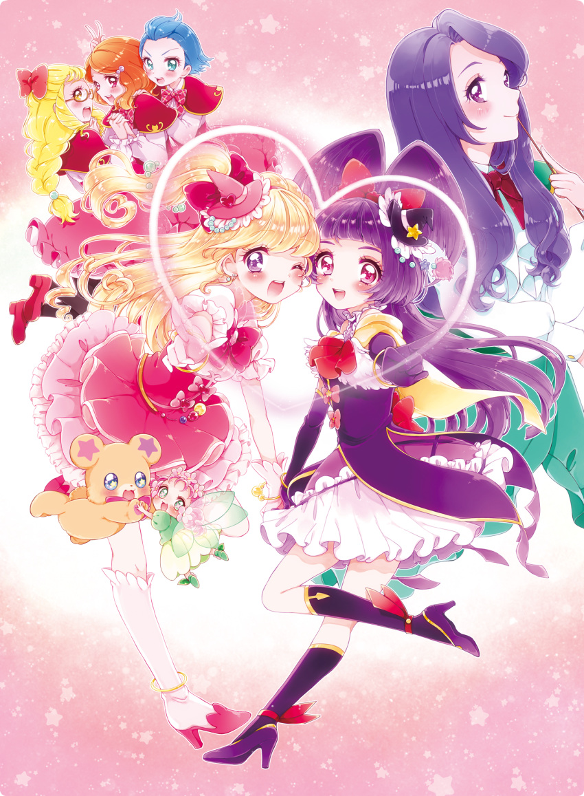 6+girls :d ;d asahina_mirai back_bow black_footwear black_gloves black_headwear blonde_hair blouse blue_eyes blue_hair blush boots bow bowtie bracelet brooch brown_hair capelet closed_mouth cure_magical cure_miracle dress elbow_gloves emily_(mahou_girls_precure!) fairy_wings frilled_skirt frills glasses gloves green_wings ha-chan_(mahou_girls_precure!) hair_bow hat hat_ornament heart heart_hat_ornament highres izayoi_liko jewelry jun_(mahou_girls_precure!) kei_(mahou_girls_precure!) knee_boots kuzumochi liz_(mahou_girls_precure!) long_hair looking_at_viewer magic_school_uniform magical_girl mahou_girls_precure! mini_hat mini_witch_hat mofurun_(mahou_girls_precure!) multiple_girls one_eye_closed open_mouth pantyhose pink_background pink_dress pink_footwear pink_hair pink_headwear pink_skirt plaid plaid_bow precure purple_eyes purple_hair purple_skirt red_bow red_capelet red_eyes school_uniform shiny shiny_hair shoes short_hair side_ponytail skirt smile star_(symbol) star_hat_ornament stuffed_animal stuffed_toy teddy_bear white_blouse white_footwear white_gloves wings witch_hat yellow_eyes