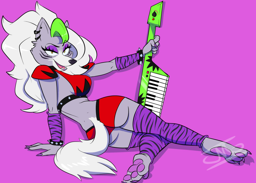 anthro bright clothing colored_nails eyeshadow female five_nights_at_freddy's five_nights_at_freddy's:_security_breach hi_res humanoid jazzymongoose keyboard_instrument keytar leg_warmers legwear machine makeup musical_instrument nails piercing robot robot_humanoid roxanne_wolf_(fnaf) scottgames solo thigh_highs video_games