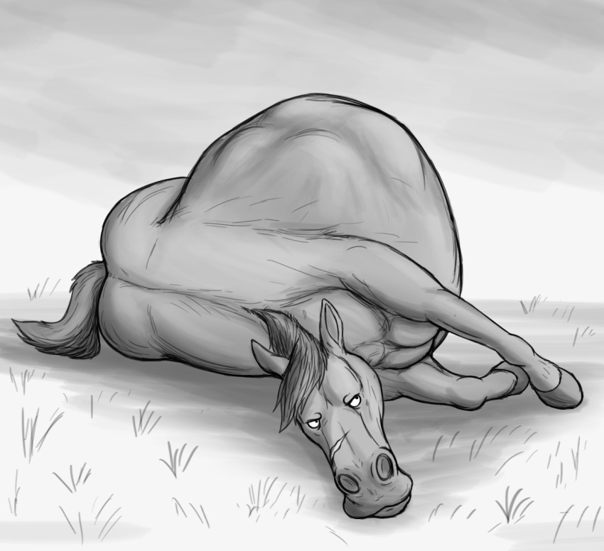 after_vore belly big_belly black_and_white equid equine feral feral_pred grass horse horse_pred lying male mammal monochrome on_side plant scar solo thatgryphonguy vore