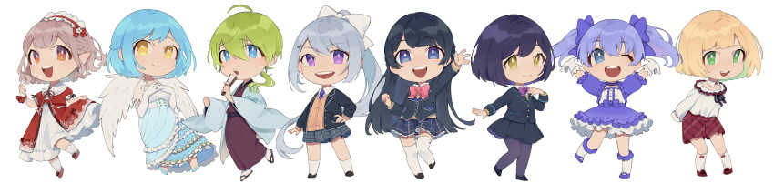 1boy 6+girls :o absurdres arata_(user_jjxc7843) arms_behind_back bangs beige_vest black_hair black_jacket black_skirt blazer blonde_hair blue_bow blue_dress blue_eyes blue_footwear blue_hair blue_jacket blue_necktie blush bow bowtie braid breasts bright_pupils brown_footwear brown_hair chibi clenched_hand clothes_lift collarbone collared_shirt colored_inner_hair crown_braid detached_collar dress dress_lift elf elu_(nijisanji) eyebrows_visible_through_hair frilled_shirt frills gloves green_eyes green_hair grey_skirt hair_behind_ear hair_bow hairband hand_fan hand_on_hip hands_on_own_chest highres higuchi_kaede holding holding_fan incredibly_absurdres jacket japanese_clothes jk_gumi_(nijisanji) kimono leaning_forward lolita_hairband long_hair looking_at_viewer low_ponytail medium_breasts moira_(nijisanji) mole mole_under_eye mole_under_mouth multicolored_hair multiple_girls necktie nijisanji one_eye_closed open_hand open_hands open_mouth pink_bow pink_bowtie plaid plaid_skirt pointy_ears ponytail purple_bow purple_bowtie purple_eyes purple_kimono red_bow red_dress red_footwear red_skirt sandals school_uniform shibuya_hajime shirt shirt_tucked_in shizuka_rin short_hair silver_hair skirt smile suzuya_aki thighhighs tsukino_mito twintails virtual_youtuber waving white_background white_footwear white_gloves white_pupils white_shirt wide_image wings wrist_cuffs yellow_eyes yuuki_chihiro zettai_ryouiki