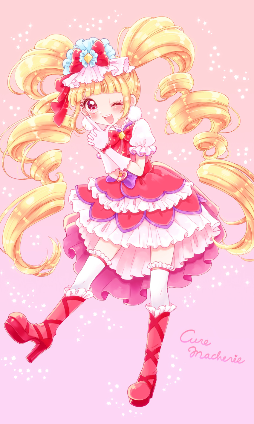 1girl ;d aisaki_emiru blonde_hair boots bow character_name cure_macherie curly_hair diamond-shaped_brooch dress earrings frilled_legwear gloves gradient gradient_background hair_bow highres hugtto!_precure jewelry knee_boots kuzumochi layered_dress legs_apart long_hair looking_at_viewer magical_girl one_eye_closed open_mouth pink_background pom_pom_(clothes) pom_pom_earrings pouch precure purple_bow red_bow red_dress red_eyes red_footwear shiny shiny_hair smile solo thighhighs twintails waist_bow white_gloves white_legwear