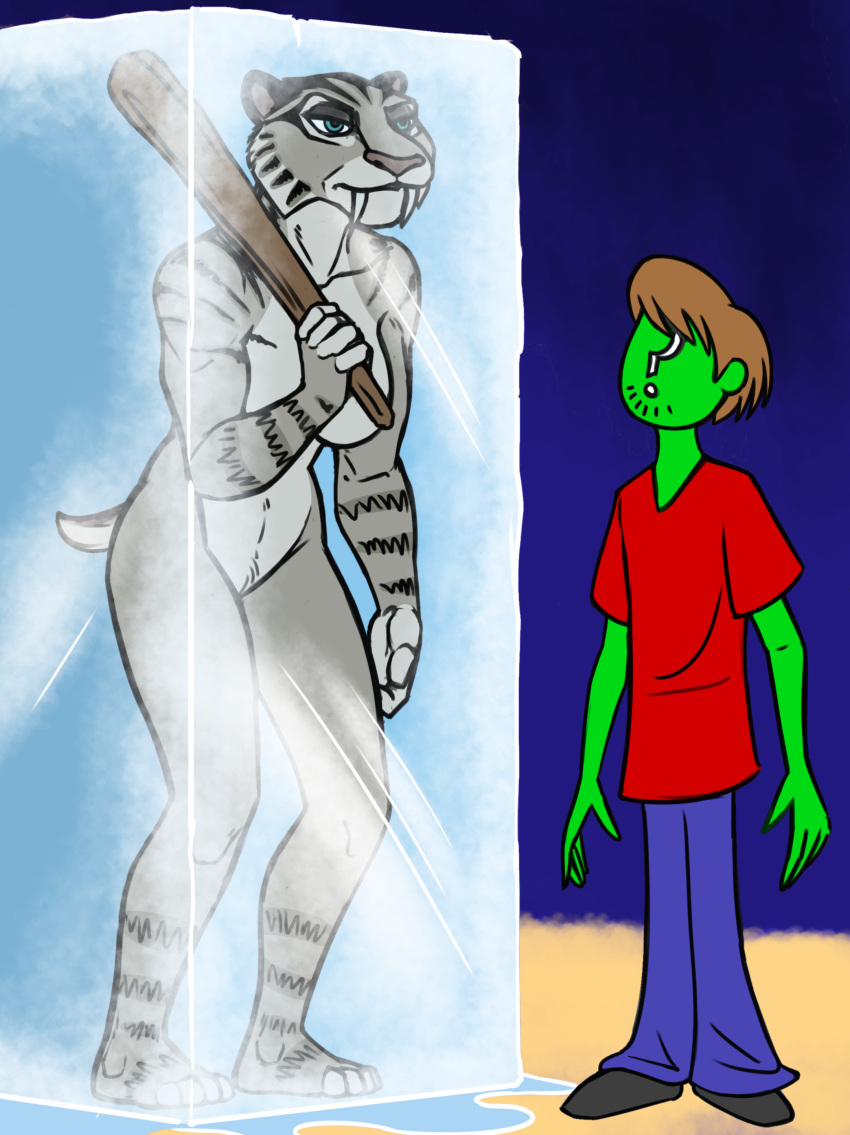 2021 absurd_res anon anthro anthrofied blue_sky_studios bottomwear breasts clothing club_(weapon) crossover duo featureless_breasts featureless_crotch felid female flaminhotcheatoes frozen hanna-barbera hi_res human ice_age_(series) machairodontine male male/female mammal melee_weapon meme pantherine pants parody redout scooby-doo_(series) shaggy_rogers shira_(ice_age) shirt simple_background skooks tiger topwear weapon