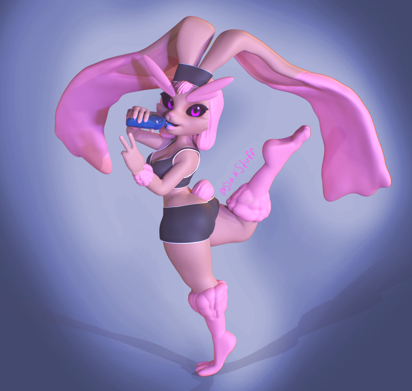 3d_(artwork) accessory anthro big_ears black_sclera bottomwear butt clothing digital_media_(artwork) drinking earband exercise_clothing female gesture hair hair_accessory hairband hi_res lagomorph leporid looking_at_viewer lopunny mammal nintendo pink_hair pok&eacute;mon pok&eacute;mon_(species) purple_eyes rabbit raised_leg shirt shorts siakstuff simple_background solo solo_focus tank_top tight_clothing topwear v_sign video_games workout_clothing