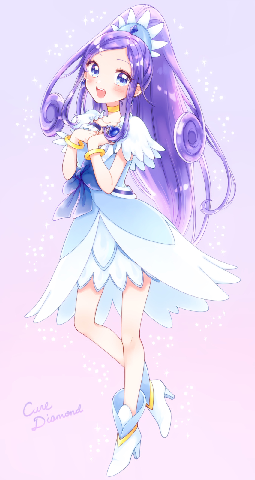 1girl :d asymmetrical_clothes bare_arms bare_legs blue_background blue_bow blue_dress blue_eyes blue_hair blue_theme bow bracelet character_name collar cure_diamond curly_hair dokidoki!_precure dress earrings gradient gradient_background heart_brooch high_ponytail highres hishikawa_rikka jewelry kuzumochi long_hair looking_at_viewer magical_girl open_mouth precure purple_background purple_hair shiny shiny_hair shoes smile solo tiara waist_bow white_footwear