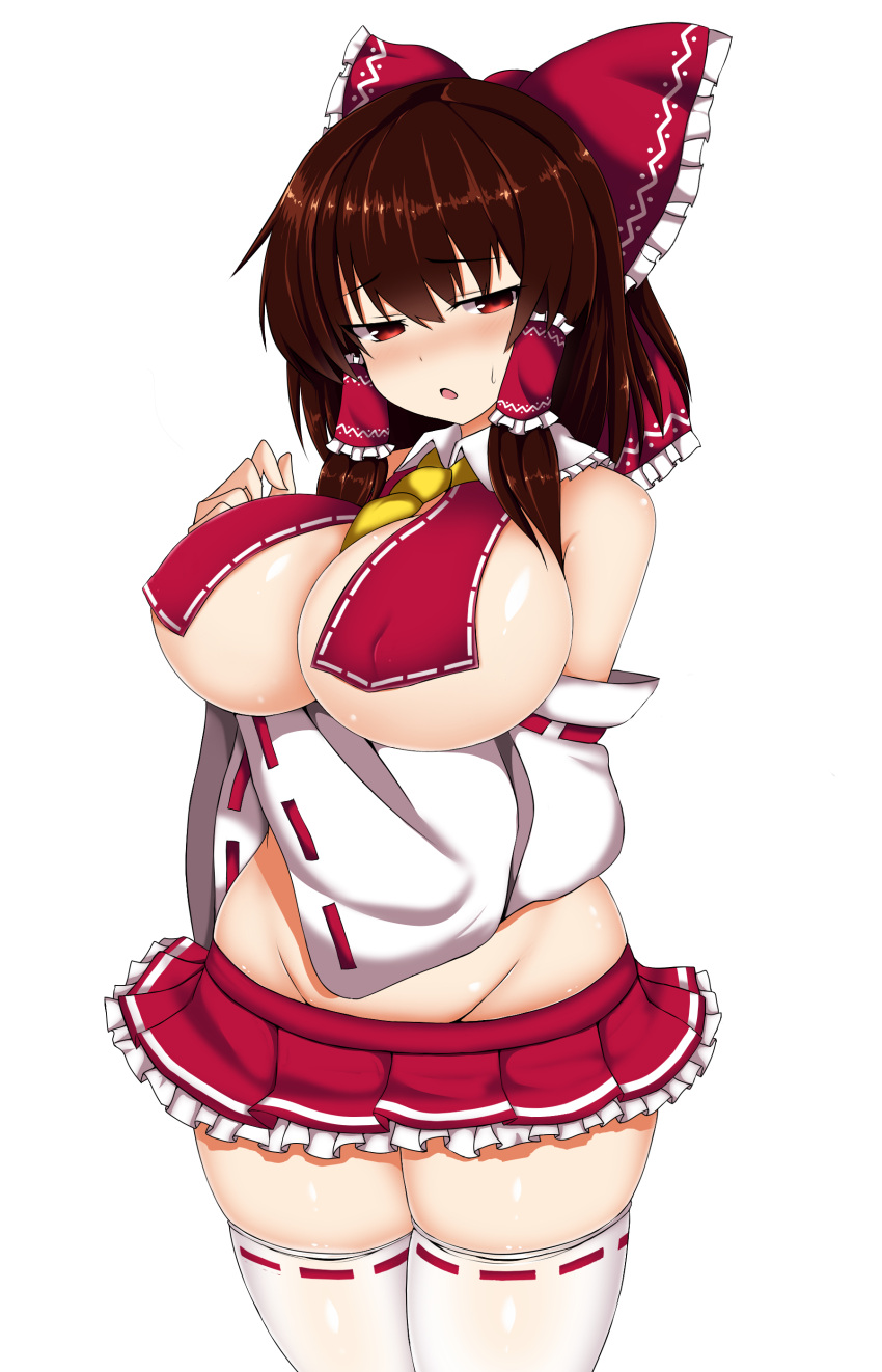 1girl absurdres adapted_costume alternate_breast_size blush bow breasts brown_hair detached_sleeves frilled_bow frills groin hair_bow hair_tubes hakurei_reimu highres isshin_(sasayamakids) large_breasts looking_away medium_hair miniskirt no_bra no_panties nontraditional_miko open_mouth red_bow red_eyes revealing_clothes ribbon-trimmed_sleeves ribbon_trim sidelocks simple_background skirt textless thighs touhou white_background