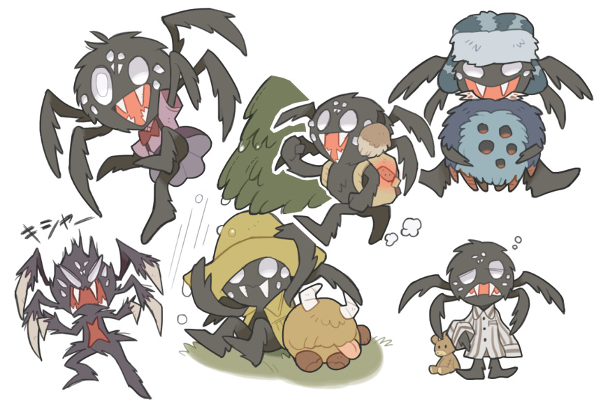 accessory ambiguous_gender animal_humanoid anthro arachnid arachnid_humanoid arthropod arthropod_humanoid backpack black_body black_fur black_widow_symbol bow_tie clothed clothing don't_starve earmuffs fangs front_view fur holding_object humanoid kinnni-chan klei_entertainment multi_eye multi_limb on_grass on_ground pajamas plant plushie ribbons sitting smile solo spider spider_humanoid teddy_bear text tree upskirt video_games webber white_eyes