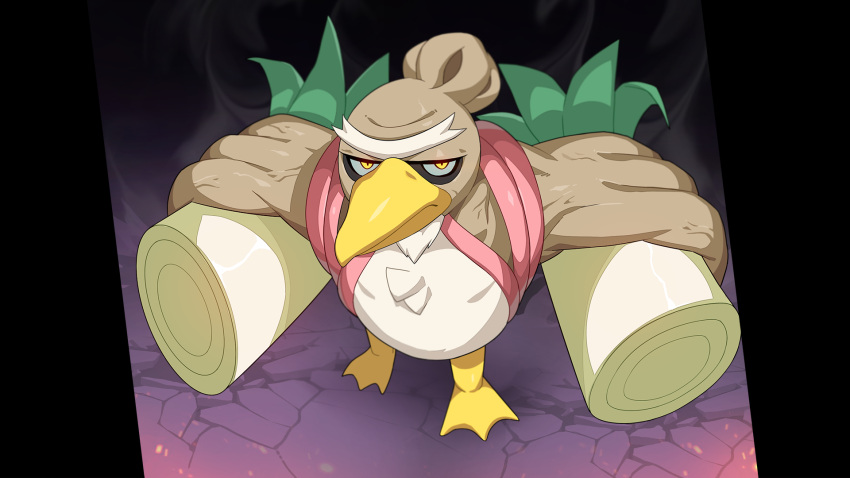 2022 beak conkeldurr drunk_oak eyebrows farfetch'd feathers hi_res holding_object hybrid looking_at_viewer monotone_beak nintendo pok&eacute;mon pok&eacute;mon_(species) solo tan_body tan_feathers unibrow video_games yellow_beak yellow_body yellow_eyes