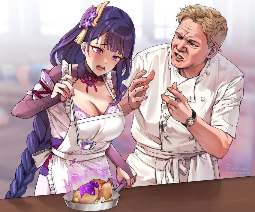 1boy 1girl @_@ absurdres apron bangs blonde_hair blunt_bangs blurry blurry_background braid braided_ponytail breasts bridal_gauntlets chef_uniform crossover electricity eyebrows_visible_through_hair food foxyreine frilled_apron frills frying_pan genshin_impact gordon_ramsay hair_ornament hand_up hands_up hell's_kitchen highres holding indoors ladle large_breasts long_hair mole mole_under_eye neck_ribbon obi open_mouth parted_lips purple_eyes purple_hair raiden_shogun raised_eyebrows real_life ribbon sash short_hair spoon tearing_up watch white_apron window wrinkled_skin wristwatch