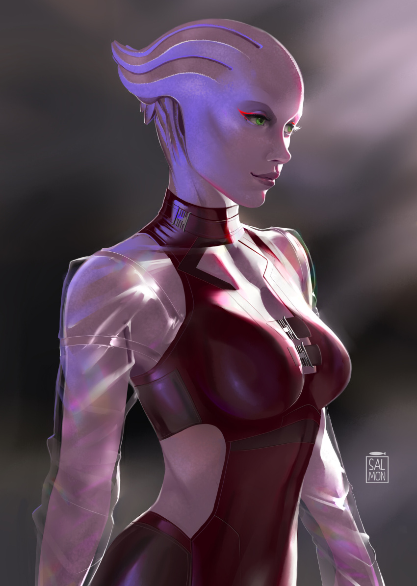 1girl absurdres alien artist_logo asari blurry blurry_background breasts cleavage cleavage_cutout clothing_cutout collar colored_skin cowboy_shot dress eleonora_lisi green_eyes highres long_sleeves looking_to_the_side mass_effect_(series) medium_breasts purple_hair purple_lips purple_skin red_collar red_dress red_eyeliner science_fiction see-through_sleeves side_cutout simple_background skin_tight solo standing tentacle_hair