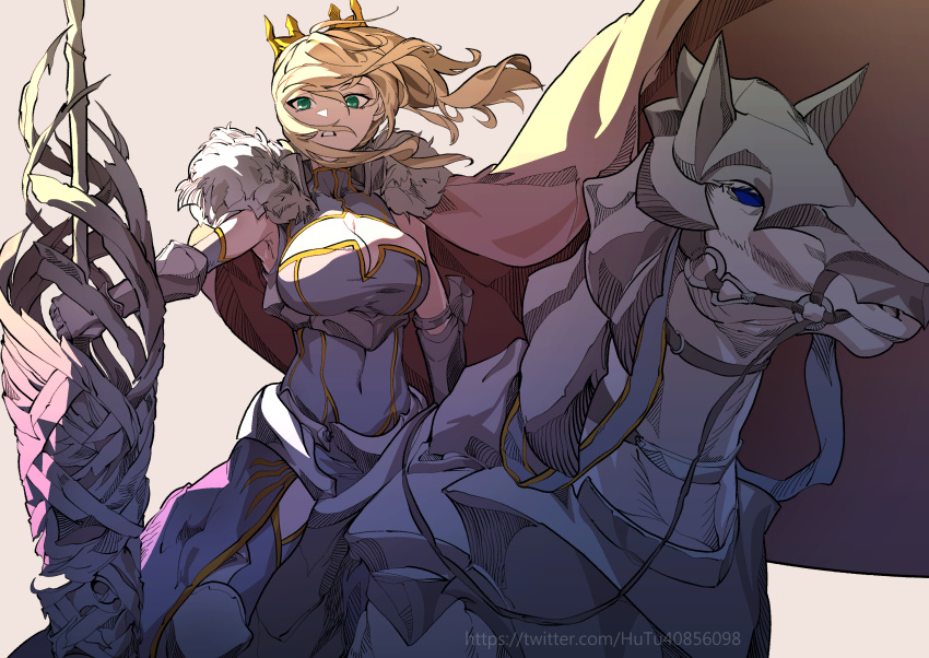 1girl 1other artoria_pendragon_(fate) artoria_pendragon_(lancer)_(fate) blonde_hair cape crown dun_stallion_(fate) fate/grand_order fate_(series) green_eyes highres horse hu_tu rhongomyniad_(fate) simple_background white_background