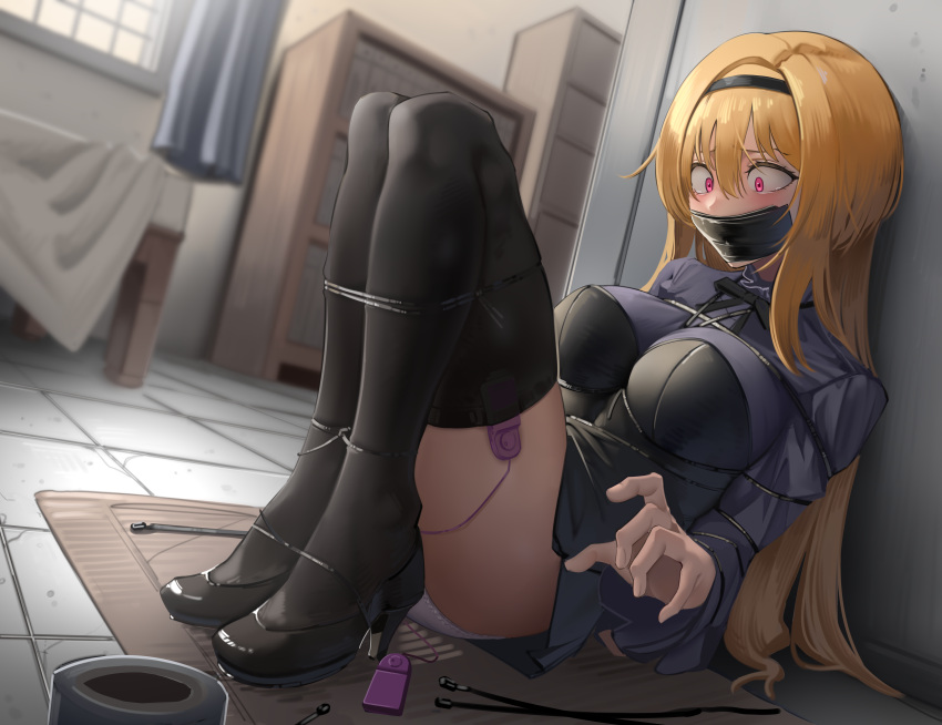 1girl absurdres bdsm black_legwear blonde_hair blush bondage bound breasts commission gag hair_ornament harris_hero high_heels highres idolmaster idolmaster_cinderella_girls idolmaster_cinderella_girls_starlight_stage improvised_gag kidnapped kurosaki_chitose large_breasts long_hair panties pink_eyes restrained second-party_source sex_toy skirt solo tape tape_gag thighhighs underwear very_long_hair vibrator vibrator_in_thighhighs white_background white_panties