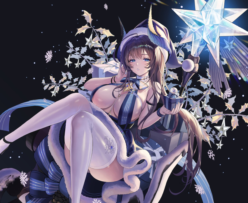 1girl :o ass bangs bare_shoulders between_breasts blue_eyes breast_curtains breasts brown_hair cleavage collar covered_nipples destiny_child fur_trim gift highres hood horns jewelry knees_up large_breasts nail_polish necklace sitting snowflakes solo staff thick_thighs thighhighs thighs white_legwear winter yoyayogurt