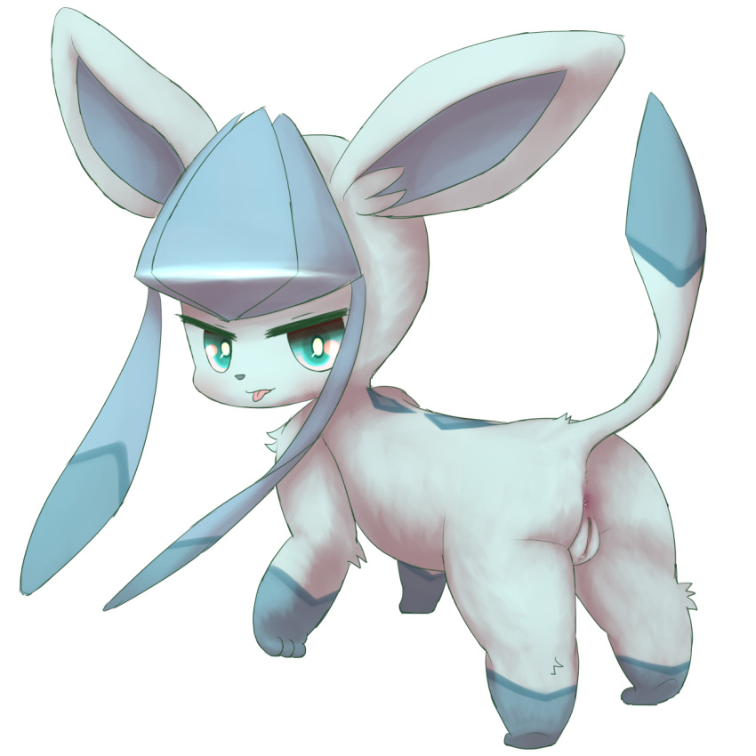 anus bunnag clitoral_hood clitoris eeveelution feral genitals glaceon green_eyes hi_res humanoid_genitalia humanoid_pussy looking_back nintendo nude pok&eacute;mon pok&eacute;mon_(species) pussy simple_background tongue tongue_out video_games white_background