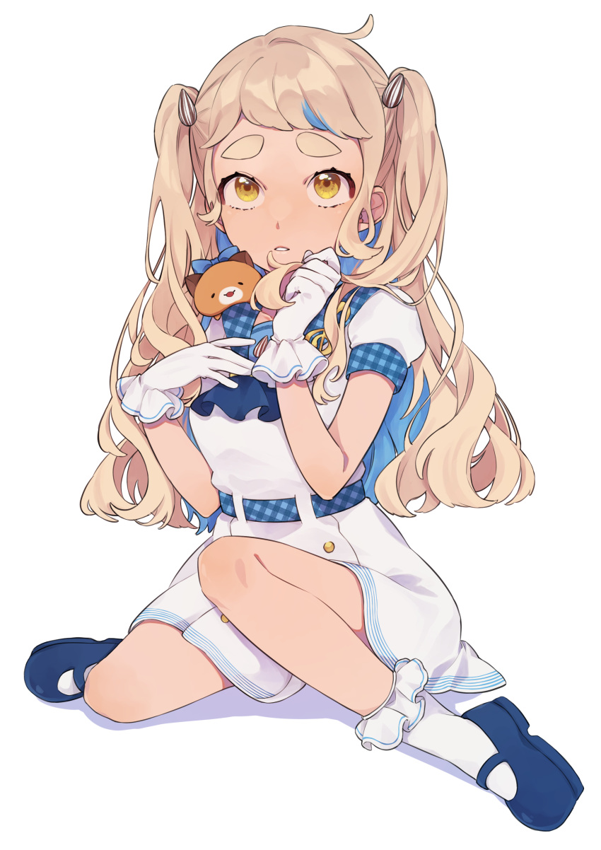 1girl absurdres arata_(user_jjxc7843) belt blonde_hair blue_belt blue_bow blue_footwear bow dress frilled_legwear gloves gonzalez_(machita_chima) hair_behind_ear hamster highres looking_up machita_chima nijisanji socks solo squatting thick_eyebrows two_side_up virtual_youtuber white_dress white_gloves yellow_eyes