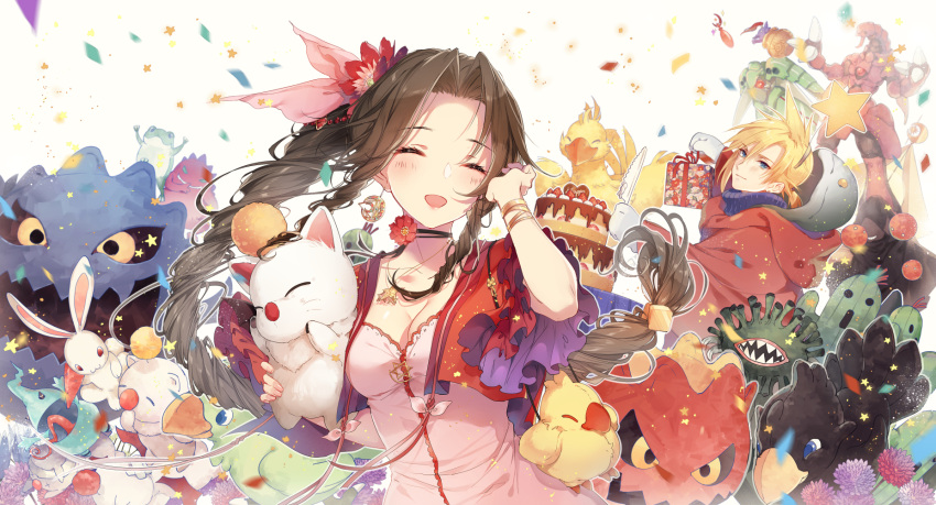 1boy 1girl :d ^_^ aerith_gainsborough birthday_cake blush bomb_(final_fantasy) breasts brown_hair bunny cake chocobo choker cleavage cloak closed_eyes cloud_strife commentary confetti cosplay cropped_jacket dress final_fantasy final_fantasy_vii flower food frog gift hair_flower hair_intakes hair_ornament happy_birthday highres jacket kieta long_hair malboro medium_breasts moogle open_clothes open_jacket open_mouth photoshop_(medium) pink_dress revision sabotender smile tonberry tonberry_(cosplay) twintails upper_body