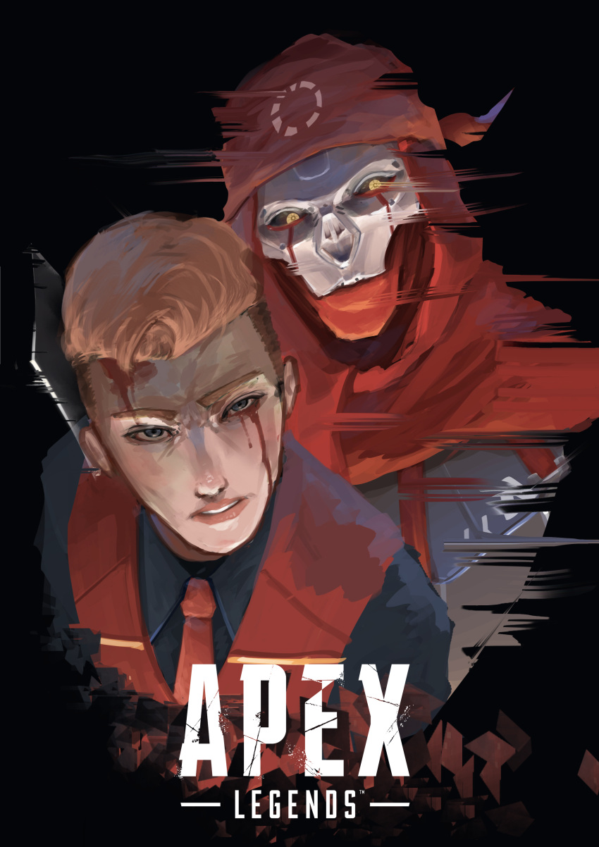 2boys absurdres apex_legends black_background blonde_hair blood blood_from_eyes blood_on_face blue_eyes blue_shirt collared_shirt dual_persona glitch head_tilt highres kaleb_cross logo male_focus multiple_boys necktie orange_hair parted_lips reborns red_necktie red_vest revenant_(apex_legends) science_fiction shirt simulacrum_(titanfall) undercut vest