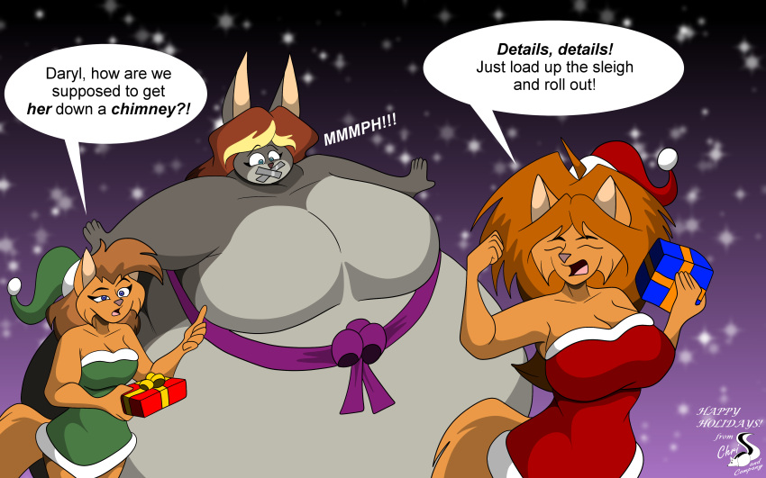 absurd_res anthro breasts chrisandcompany christmas christmas_clothing cleavage clothed clothing daryl_vecat dialogue domestic_cat felid feline felis female gift group hi_res holidays lagomorph leporid mammal neve_vecat overweight rabbit snow