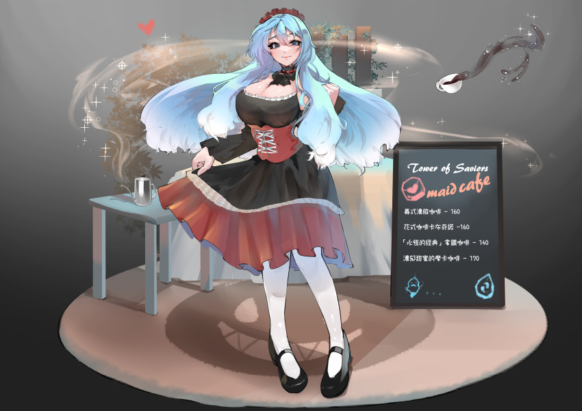 1girl absurdres black_dress blue_eyes blue_hair breasts cleavage coffee coffee_cup copyright_name corset cup disposable_cup dress heart highres large_breasts long_hair maid reborns red_corset shadow solo sparkle tower_of_saviors