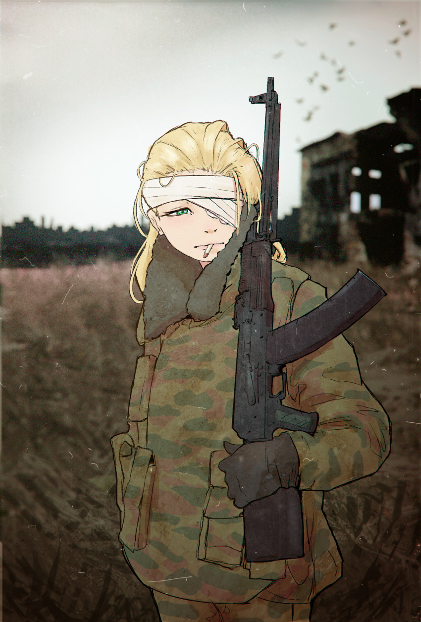 1girl bandage_over_one_eye bird blonde_hair blurry blurry_foreground building camouflage camouflage_coat camouflage_jacket cigarette closed_mouth coat grass green_eyes grey_sky gun highres holding holding_gun holding_weapon in_mouth jacket light_machine_gun long_hair long_sleeves military military_coat military_uniform original outdoors photo_background rpk russia smoking tree uniform weapon