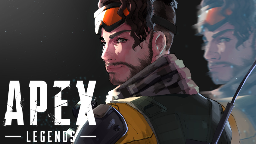 1boy absurdres apex_legends black_background bodysuit brown_eyes brown_hair brown_scarf copyright_name facial_hair from_behind goatee goggles goggles_on_head hair_behind_ear highres hologram logo looking_back male_focus mirage_(apex_legends) reborns scarf smile solo yellow_bodysuit