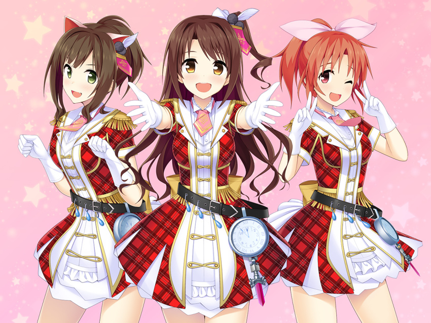 3girls :d ;d abe_nana across_the_stars_(idolmaster) animal_ears belt brown_eyes brown_hair cat_ears clock commentary_request dress epaulettes feather_hair_ornament feathers gloves hair_ornament idolmaster idolmaster_cinderella_girls idolmaster_cinderella_girls_starlight_stage ihara_asta long_hair maekawa_miku multiple_girls one_eye_closed one_side_up open_mouth photoshop_(medium) plaid plaid_dress ponytail rabbit_ears revision shimamura_uzuki short_hair short_sleeves smile v white_gloves