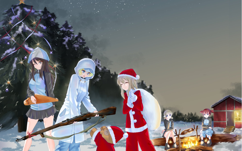 5girls aki_(girls_und_panzer) ankle_boots bangs baseball_cap blonde_hair blue_eyes blue_footwear blue_headwear blue_jacket blue_pants blue_skirt blunt_bangs boko_(girls_und_panzer) bolt_action boots brown_eyes brown_hair building campfire christmas christmas_ornaments christmas_tree closed_eyes closed_mouth coat commentary eno_(mauritz_stiller) eyebrows_visible_through_hair fire garland_(decoration) girls_und_panzer gloves green_eyes gun hair_tie hat highres holding holding_gun holding_instrument holding_sack holding_weapon hood hood_up hooded_coat instrument jacket kantele keizoku_military_uniform leaning_forward light_brown_hair log long_hair long_sleeves looking_at_another looking_at_viewer low_twintails mika_(girls_und_panzer) mikko_(girls_und_panzer) military military_uniform miniskirt multiple_girls night night_sky one_eye_closed open_mouth outdoors over_shoulder pants pants_rolled_up pants_under_skirt pleated_skirt raglan_sleeves red_coat red_eyes red_hair red_headwear red_pants rifle sack santa_costume santa_hat shimada_arisu short_hair short_twintails sitting skirt sky smile snow standing star_(sky) star_ornament starry_sky stuffed_animal stuffed_toy teddy_bear track_jacket track_pants tulip_hat twintails uniform weapon white_coat white_gloves youko_(girls_und_panzer)