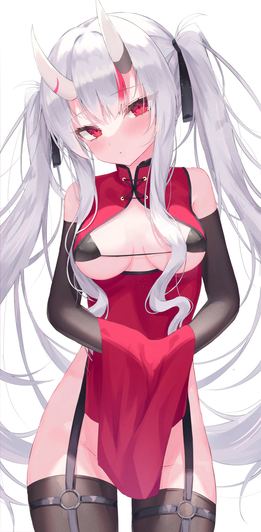 absurdres bare_shoulders black_bra black_legwear black_ribbon bra breasts breasts_outside china_dress chinese_clothes dress elbow_gloves embarrassed gloves groin hair_ribbon highres hololive horns lifted_by_self long_hair looking_at_viewer micro_bra mizuongaku nakiri_ayame no_panties oni oni_horns open_clothes red_eyes red_hair ribbon simple_background twintails underwear white_hair