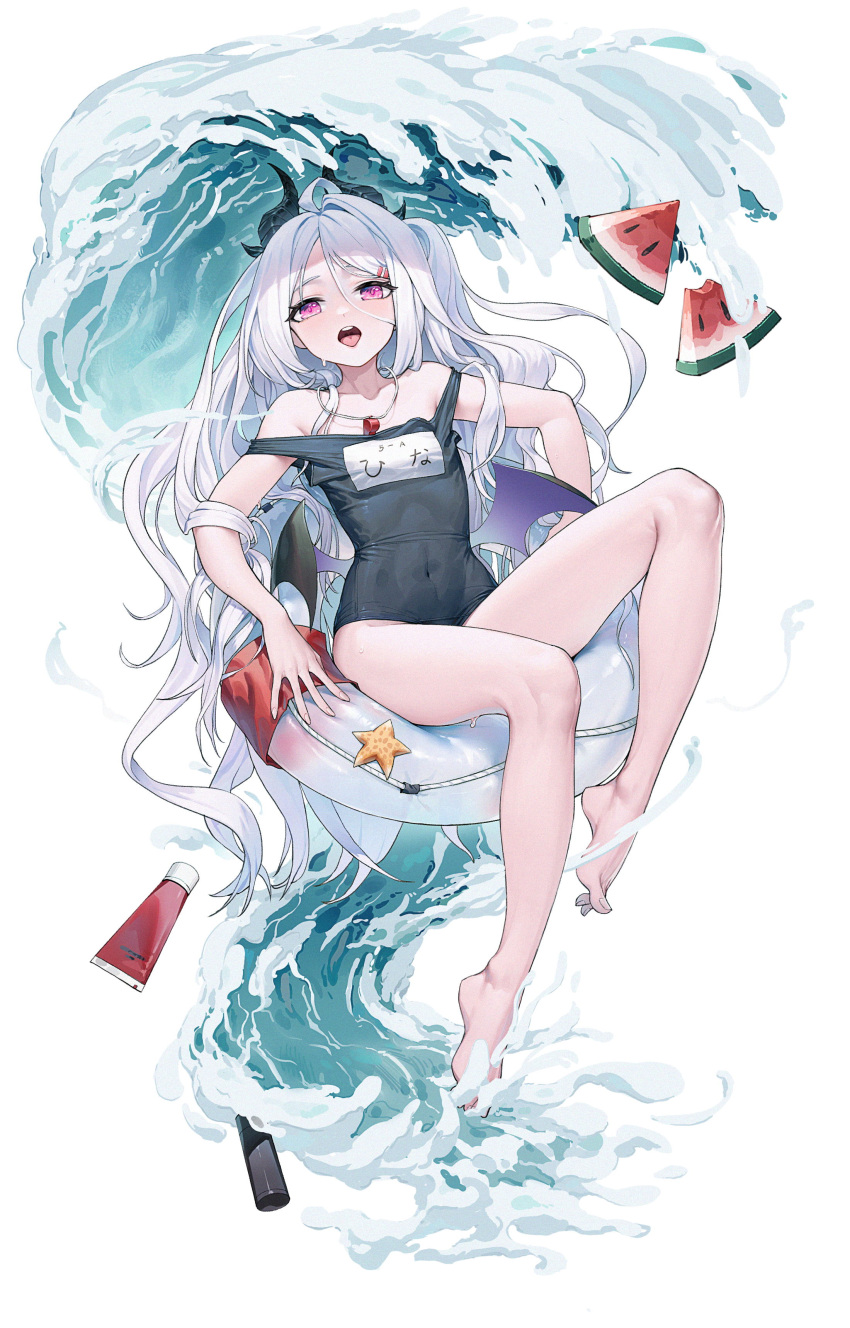 1girl absurdres ahoge bangs bare_legs bare_shoulders barefoot blue_archive blush bottle covered_navel feet food fruit full_body gua61 hair_ornament highres hina_(blue_archive) horns lifebuoy long_hair name_tag one-piece_swimsuit open_mouth purple_eyes silver_hair sitting solo strap_slip swimsuit tongue tongue_out very_long_hair water watermelon whistle whistle_around_neck wings