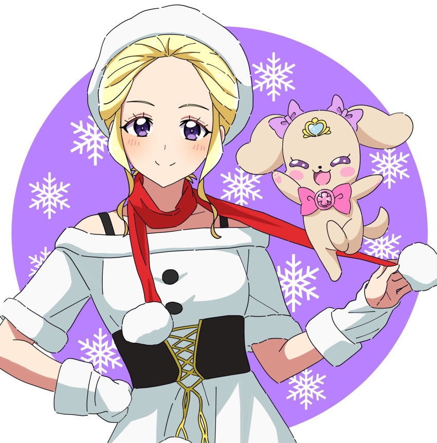 1girl alternate_hairstyle blonde_hair christmas commentary dog dress dress_straps fuurin_asumi gloves hair_up half_gloves hand_on_hip hat healin'_good_precure highres kousuke0912 latte_(precure) looking_at_viewer off-shoulder_dress off_shoulder open_mouth precure purple_eyes red_scarf scarf short_sleeves sidelocks smile snowflake_background solo upper_body white_dress white_gloves white_headwear