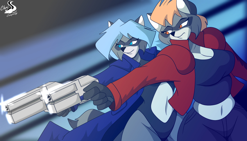 absurd_res anthro breasts chrisandcompany cleavage clothed clothing duo gun hair hi_res mammal procyonid raccoon ranged_weapon weapon