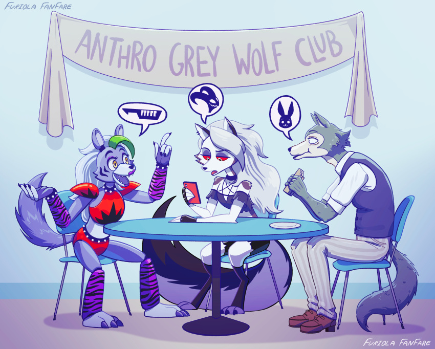 2021 absurd_res animatronic anthro banner beastars bottomwear canid canid_demon canine canis cellphone chair clothed clothing crossover demon dialogue ear_piercing ear_ring eating english_text female fingerless_gloves five_nights_at_freddy's five_nights_at_freddy's:_security_breach food footwear furiolafanfare furniture gloves group hair handwear hellhound helluva_boss hi_res inside legoshi_(beastars) long_hair loona_(helluva_boss) machine male mammal open_mouth pants phone piercing robot roxanne_wolf_(fnaf) sandwich_(food) scottgames shirt shoes shorts signature sitting smartphone table text topwear trio vest video_games wolf