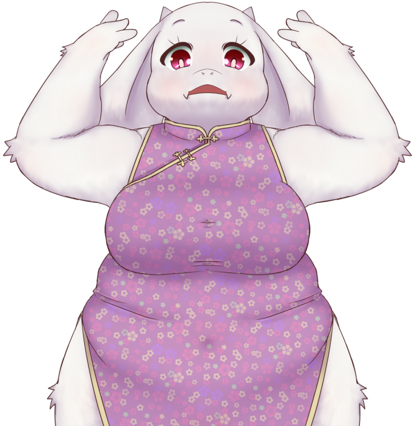 anthro asian_clothing belly_rolls boss_monster bovid breasts bunnag caprine chinese_clothing chinese_dress clothing dress east_asian_clothing female fur hi_res horn looking_at_viewer mammal navel_outline overweight overweight_anthro overweight_female raised_arms red_eyes simple_background solo toriel undertale undertale_(series) video_games white_background white_body white_fur