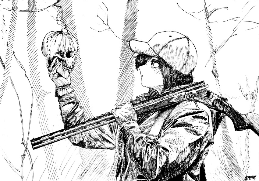 1girl bangs baseball_cap black_eyes black_hair branch candle double-barreled_shotgun gloves gun hat highres holding holding_gun holding_skull holding_weapon imponte1232 jacket lineart long_hair long_sleeves monochrome open_mouth original outdoors shotgun signature skull solo traditional_media tree weapon