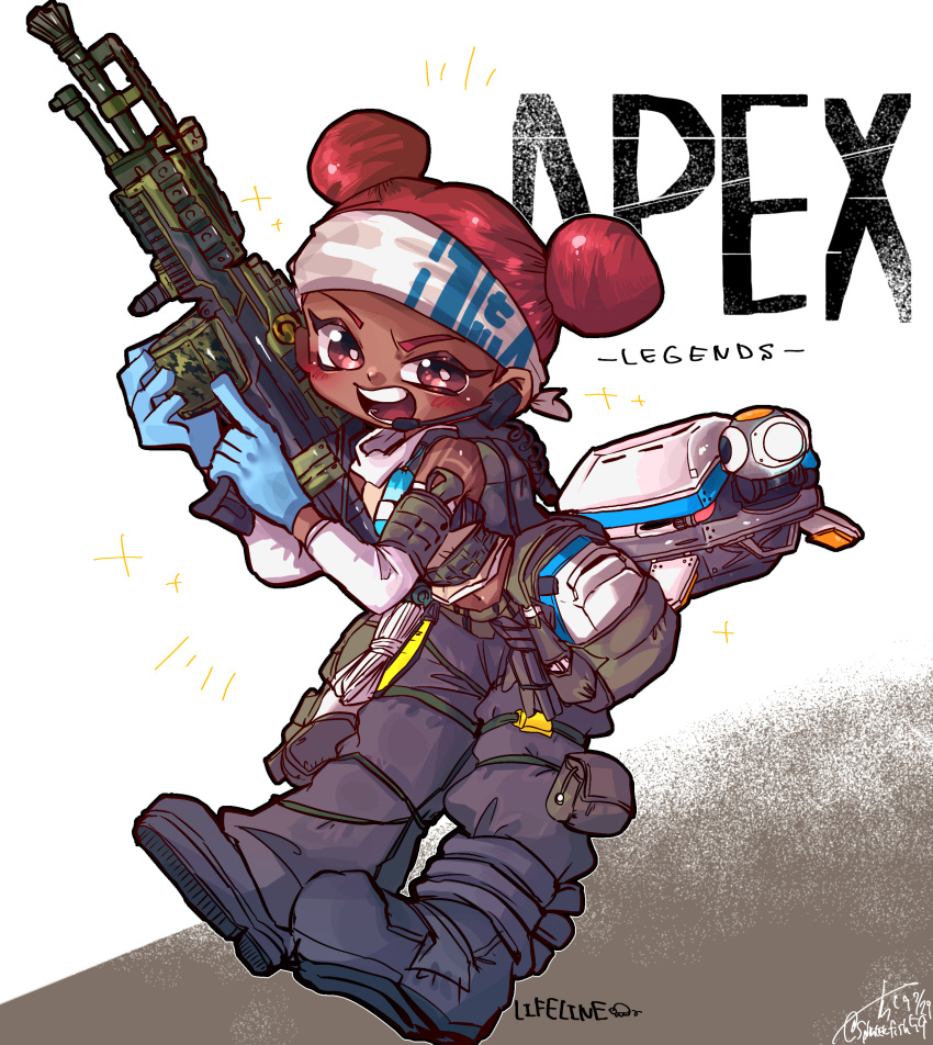 1girl absurdres apex_legends beige_tank_top black_pants blue_gloves cargo_pants chibi d.o.c._health_drone dark-skinned_female dark_skin double_bun gloves gun highres holding holding_gun holding_weapon lifeline_(apex_legends) light_machine_gun m600_spitfire navel open_mouth pants red_hair robot solo splinter_fish59 trigger_discipline v-shaped_eyebrows weapon white_headwear