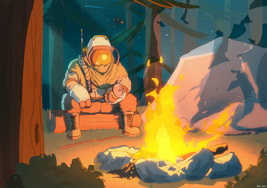 1other absurdres boots campfire can commentary english_commentary fire forest full_body gloves hatchling_(outer_wilds) highres holding holding_can log nature night odity_odes outdoors outer_wilds patchwork_clothes rock sitting sky space_helmet spacesuit stick tree