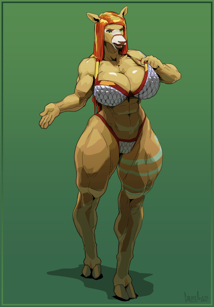 absurd_res anthro armor big_breasts bikini_armor biped breasts cervid cleavage clothed clothing female greasymojo green_background hi_res mammal muscular muscular_female simple_background standing unconvincing_armor
