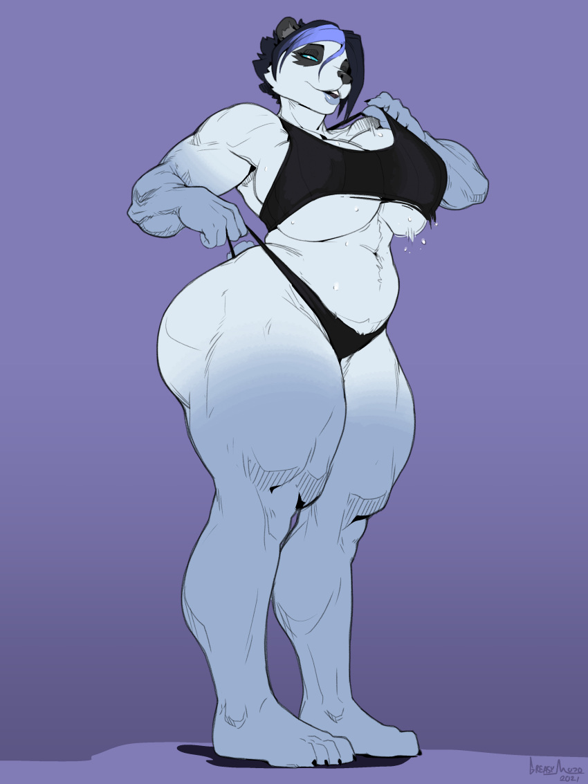 absurd_res anthro big_breasts breasts cleavage clothed clothing clothing_pull female giant_panda greasymojo hair hi_res mammal multicolored_body multicolored_hair panties panty_pull solo thick_thighs two_tone_body underwear underwear_pull ursid