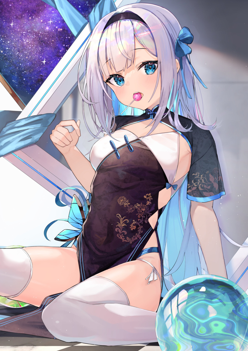 1girl absurdres armpit_peek black_dress blue_eyes bow breasts candy china_dress chinese_clothes colored_inner_hair covered_navel dress food hair_bow hairband hand_up highres kuroshiro_kanae lollipop long_hair looking_at_viewer mouth_hold multicolored_hair open_mouth orb original panties pelvic_curtain short_sleeves side-tie_panties side-tie_peek side_cutout sitting small_breasts solo string_panties thighhighs thighs underwear very_long_hair wariza white_hair white_legwear