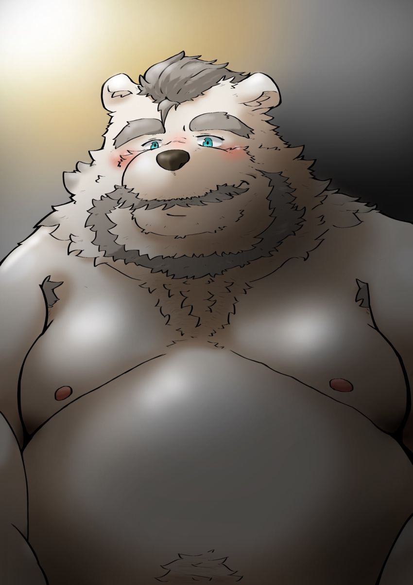 2022 anthro armpit_hair belly blue_eyes blush body_hair hi_res kemono male mammal mature_male moobs nipples overweight overweight_male polar_bear solo ursid ursine yanununununu