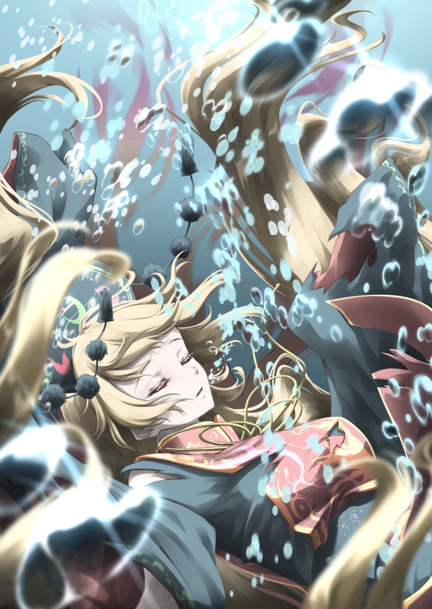 1girl air_bubble black_dress black_headwear black_sash black_sleeves blonde_hair breasts bubble chinese_clothes closed_eyes dress english_commentary eyelashes floating_hair fox_print gold_trim hat highres junko_(touhou) large_breasts long_hair obi open_mouth otomeza_ryuseigun phoenix_crown pom_pom_(clothes) sash solo tabard tassel torn_clothes torn_dress torn_tabard touhou underwater very_long_hair wide_sleeves