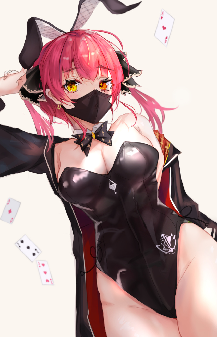 1girl animal_ears bare_shoulders beige_background black_jacket black_legwear black_ribbon breasts card cleavage detached_collar earrings fake_animal_ears hair_ribbon heterochromia highres hololive houshou_marine jacket jewelry long_hair looking_at_viewer mask medium_breasts mouth_mask panipo playboy_bunny rabbit_ears red_eyes red_hair ribbon simple_background solo thighhighs thighs twintails virtual_youtuber yellow_eyes