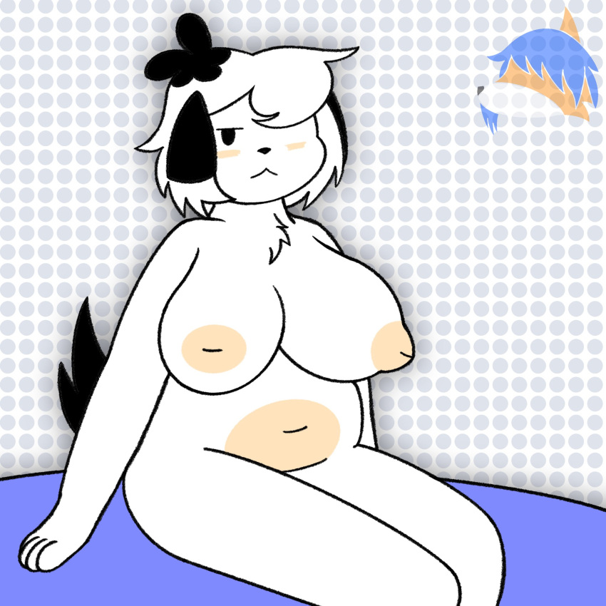 2022 :&lt; abstract_background anthro areola bangs belly big_breasts biped black_ears black_nose black_tail blush breasts canid canine canis chubby_anthro chubby_female digital_media_(artwork) domestic_dog female floppy_ears foxxyzed front_view fur hair half-closed_eyes hand_on_ground hi_res huge_breasts mammal narrowed_eyes navel nipples nude pink_areola pink_belly pink_nipples portrait puppychan short_hair signature simple_background sitting slightly_chubby solo three-quarter_portrait three-quarter_view white_body white_fur