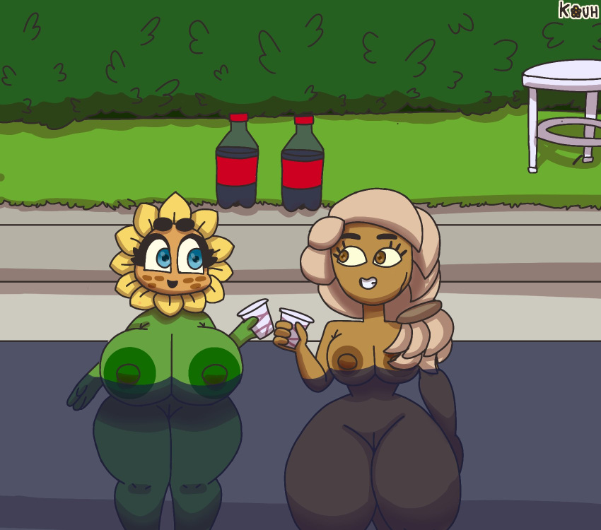 anthro beverage big_breasts breasts brown_body container cup duo elemental_creature female female/female flora_fauna flower food freckles fruit green_body hair hi_res huge_breasts kouh nut_(fruit) outside petals plant pool_(disambiguation) smile soda sunflower