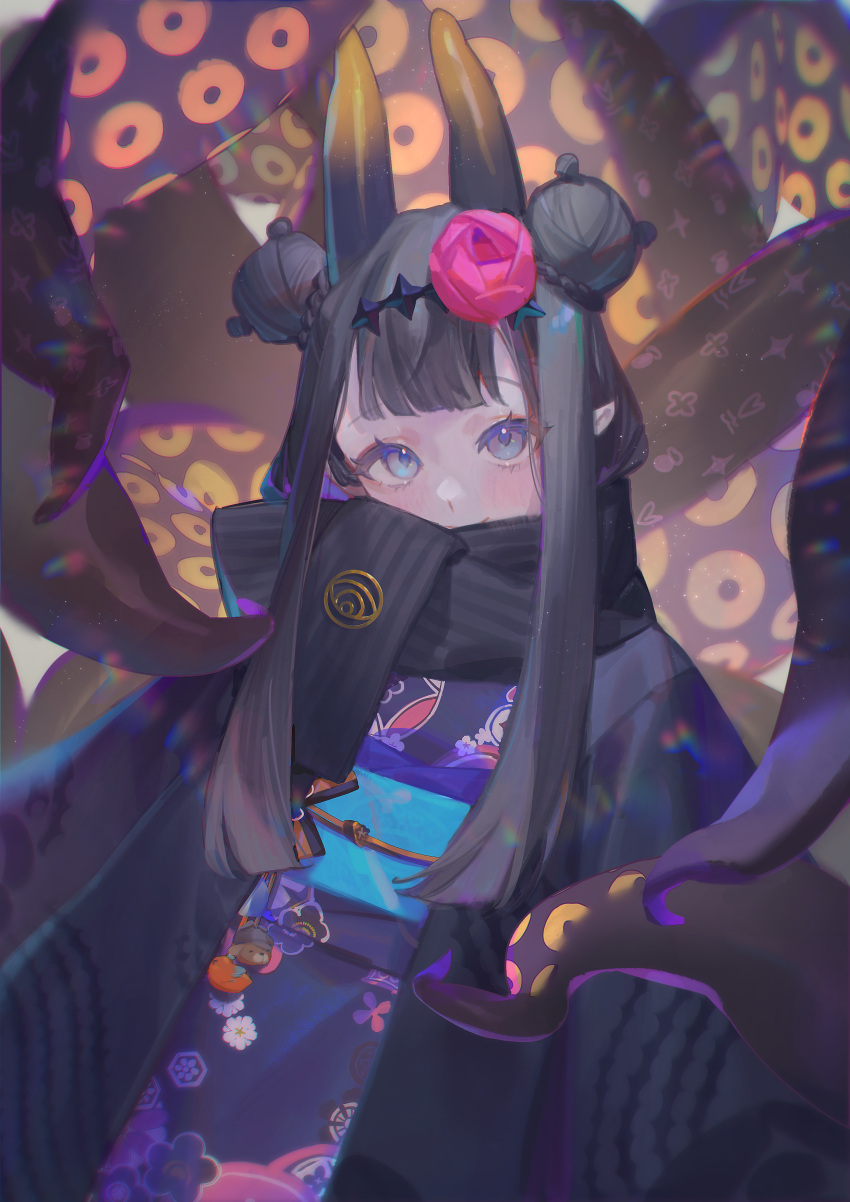 1girl absurdres bangs black_hair black_scarf blue_eyes blunt_bangs double_bun flower hair_bun hair_flower hair_ornament haori headpiece highres hololive hololive_english horns ilion japanese_clothes kimono long_hair looking_at_viewer ninomae_ina'nis obi obiage obidome obijime official_alternate_costume pointy_ears revision sash scarf sidelocks solo tentacles upper_body virtual_youtuber