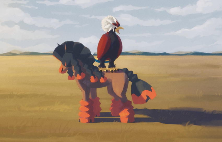 animal_focus bird braviary cloud day feyzi from_side highres mudsdale no_humans outdoors pokemon pokemon_(creature) sky standing