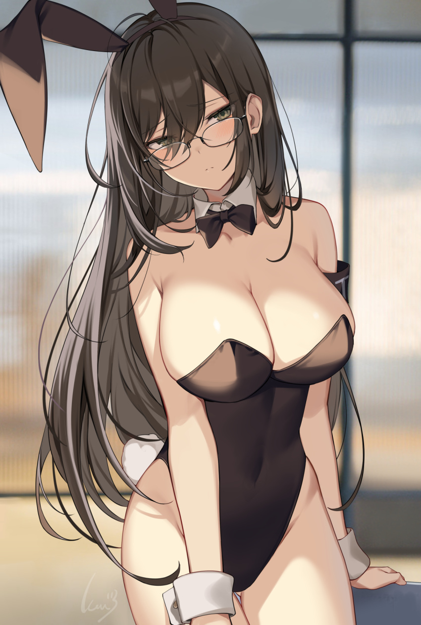 1girl ahoge animal_ears armband ass_visible_through_thighs banned_artist bare_arms bare_legs bare_shoulders black-framed_eyewear black_eyes black_hair black_leotard blurry blurry_background bow bowtie breasts cleavage closed_mouth collarbone covered_navel cowboy_shot depth_of_field detached_collar fake_animal_ears fake_tail frown glasses hairband highleg highleg_leotard highres icomochi large_breasts leotard long_hair looking_at_viewer looking_over_eyewear original playboy_bunny rabbit_ears rabbit_tail sidelocks solo standing strapless strapless_leotard tail thighs very_long_hair wrist_cuffs