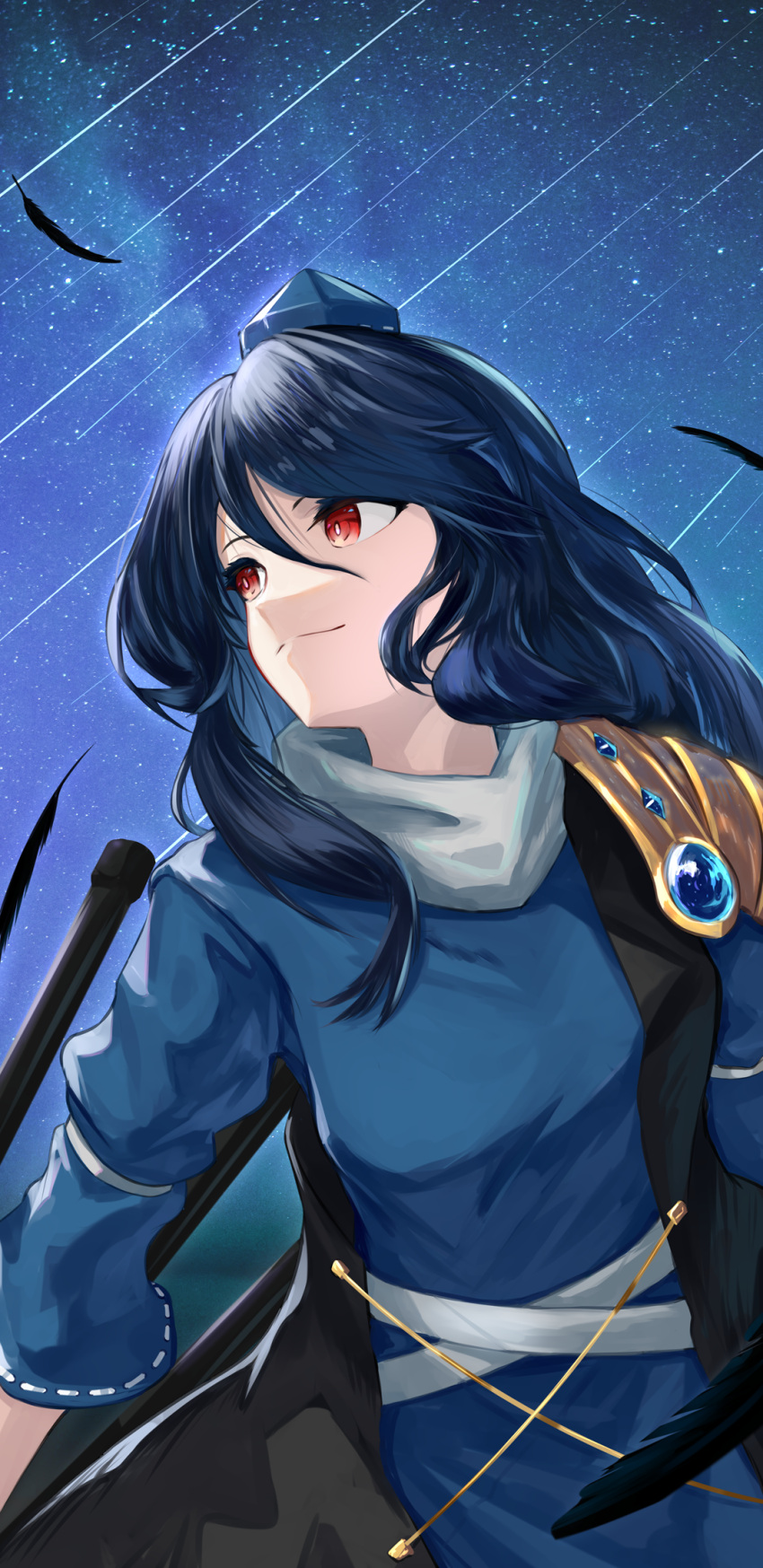 1girl black_coat black_wings blue_dress blue_hair blue_headwear breasts closed_mouth coat commentary dress feathers gem hat highres iizunamaru_megumu long_hair medium_breasts night night_sky red_eyes ribbon_trim shooting_star shoulder_guard sky sleeveless_coat smile star_(sky) tengu tokin_hat touhou tripod turtleneck upper_body wagachop wings