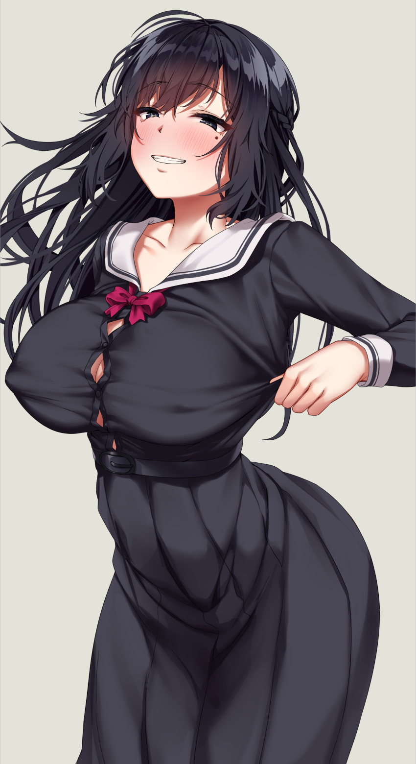 1girl absurdres belt black_belt black_dress black_eyes black_hair bow bowtie breasts button_gap clenched_teeth collarbone covered_nipples dress eyebrows_visible_through_hair grey_background highres jack_dempa large_breasts long_hair long_sleeves looking_at_viewer miyamae_shiho_(jack_dempa) mole mole_under_eye original red_bow red_bowtie sailor_collar sailor_dress school_uniform simple_background smile solo teeth white_sailor_collar