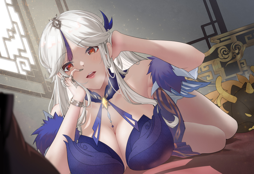 1girl absurdres armpits bare_shoulders bedroom blue_dress breasts cleavage cms_(fei_ju_sang) dress genshin_impact hair_ornament hand_in_hair hand_on_own_face highres indoors jewelry large_breasts looking_at_viewer lying nail_polish ningguang_(genshin_impact) ningguang_(orchid's_evening_gown)_(genshin_impact) on_bed on_stomach pink_lips red_eyes rex_lapis_(genshin_impact) ring stuffed_toy white_hair window