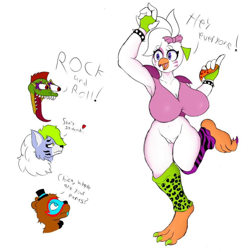 accessory alligator alligatorid anthro avian big_breasts bird blue_eyes bodypaint bottomless bracelet breasts canid canine canis chicken claws clothed clothing crocodilian dialogue ear_piercing ear_ring face_paint feet female five_nights_at_freddy's five_nights_at_freddy's:_security_breach food galliform gallus_(genus) genitals glamrock_chica_(fnaf) glamrock_freddy_(fnaf) gloves group hair_accessory handwear hi_res jewelry legwear lovelytrashpanda male mammal montgomery_gator_(fnaf) phasianid piercing pink_clothing pizza purple_eyes pussy red_eyes reptile roxanne_wolf_(fnaf) running scalie scottgames spiked_bracelet spikes talons ursid video_games white_body wolf yellow_eyes